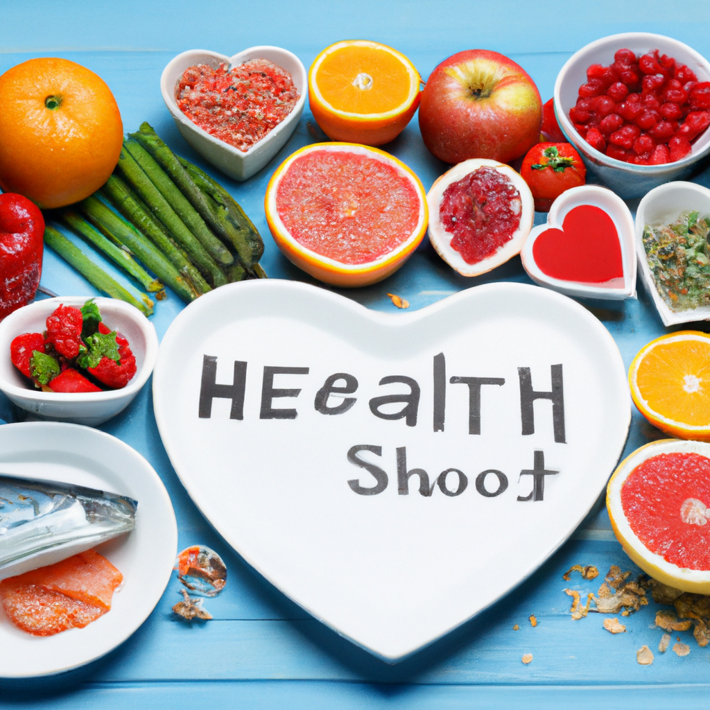 Healthy diet for heart health. Colorful fruits and vegetables, fish, whole grains.
